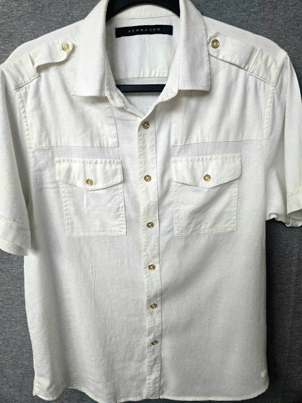 Sean‎ John Mens Size L Linen Blend Safari Utility Shirt White Gold Buttons